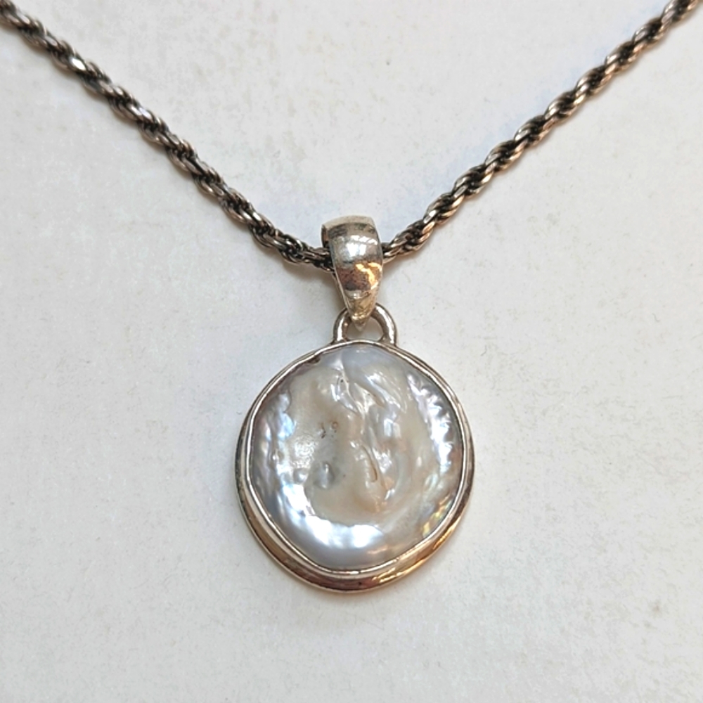 Genuine Baroque Pearl and Sterling Silver Rope Chain Pendant Necklace